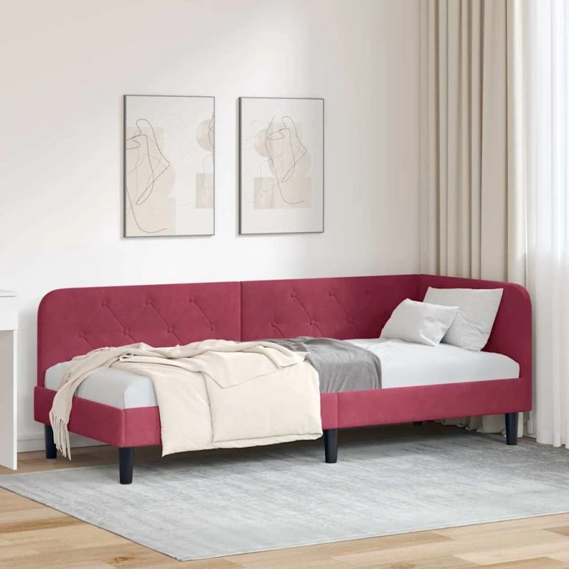 Hjørnesengramme L-form Vinrød 80x200 cm Fløjl