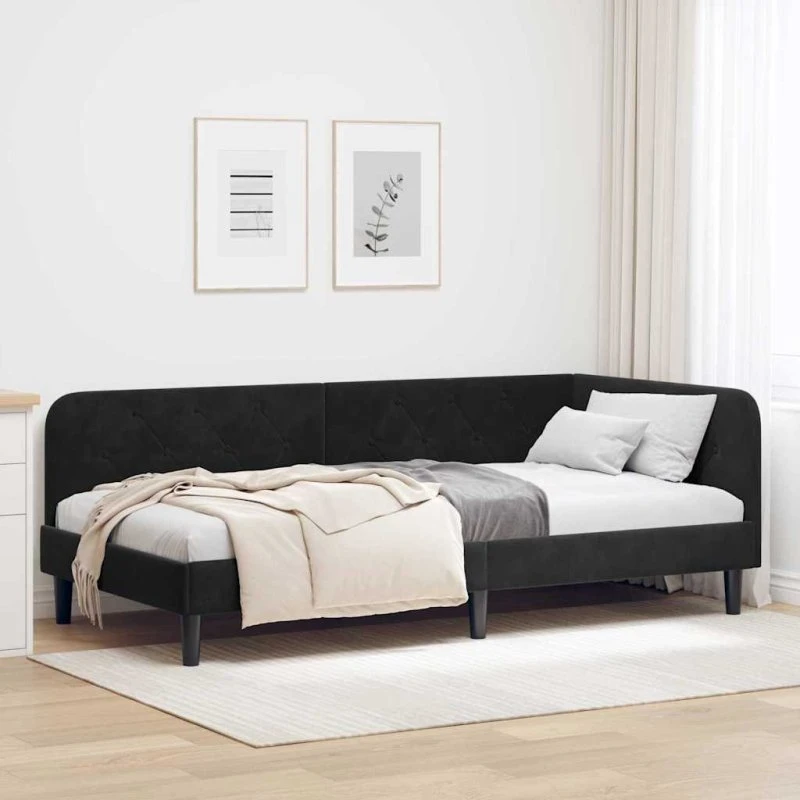 Hjørnesengramme 90x190 Sort fløjl – L-formet sofa-seng