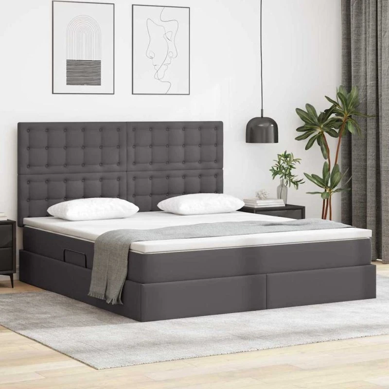 Opbevaringsseng 160x200 cm med madras – grå kunstlæder