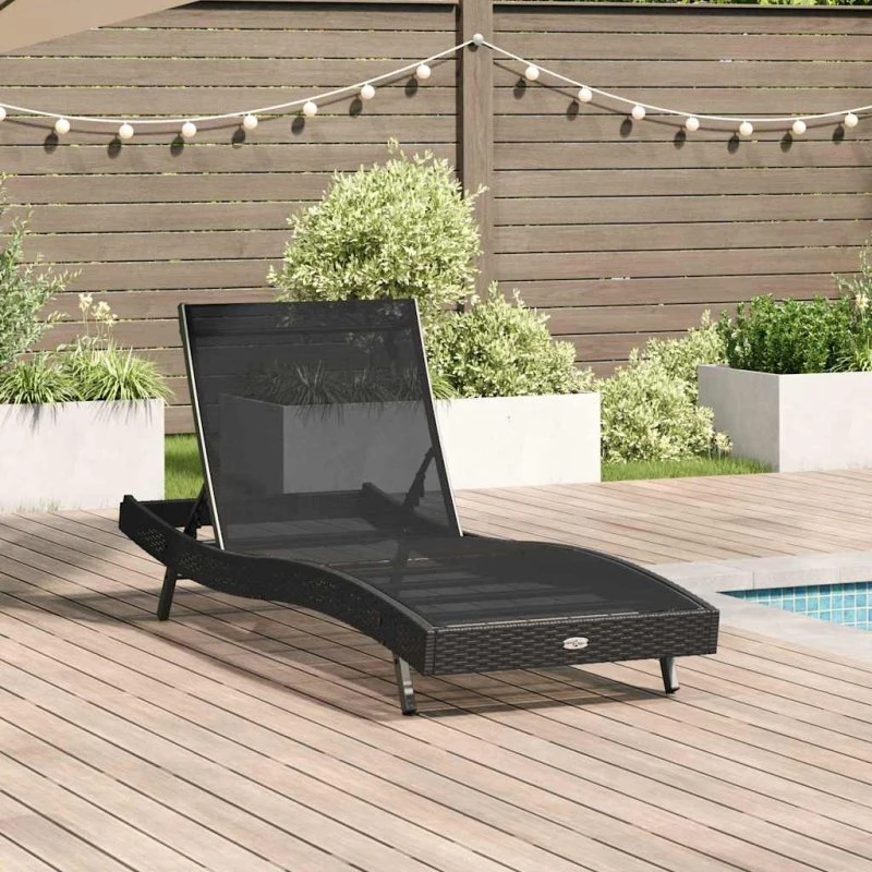 Solstol i polyrattan sort 197 x 70 cm – justerbar