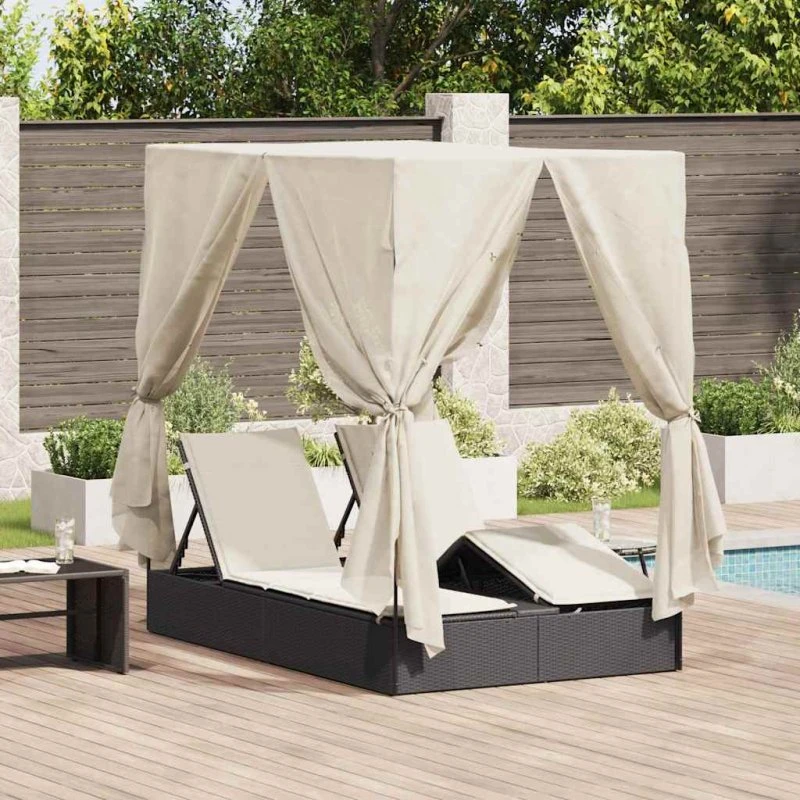 Dobbelt solstol med tag i polyrattan – varm hvid 205x129x200