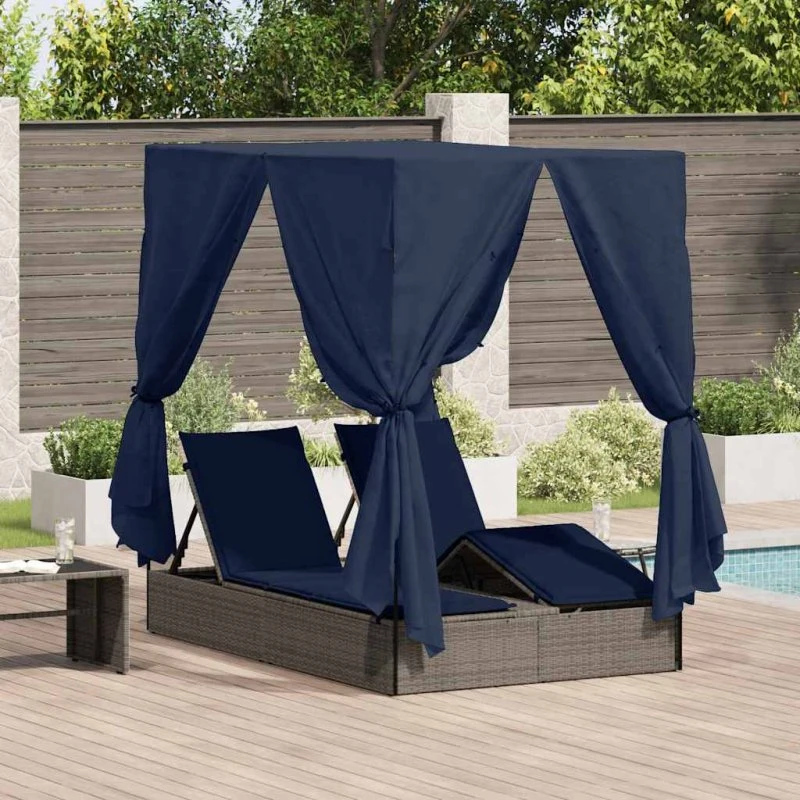 Dobbelt solstol med tag og gardiner – sort 205x129x200 cm
