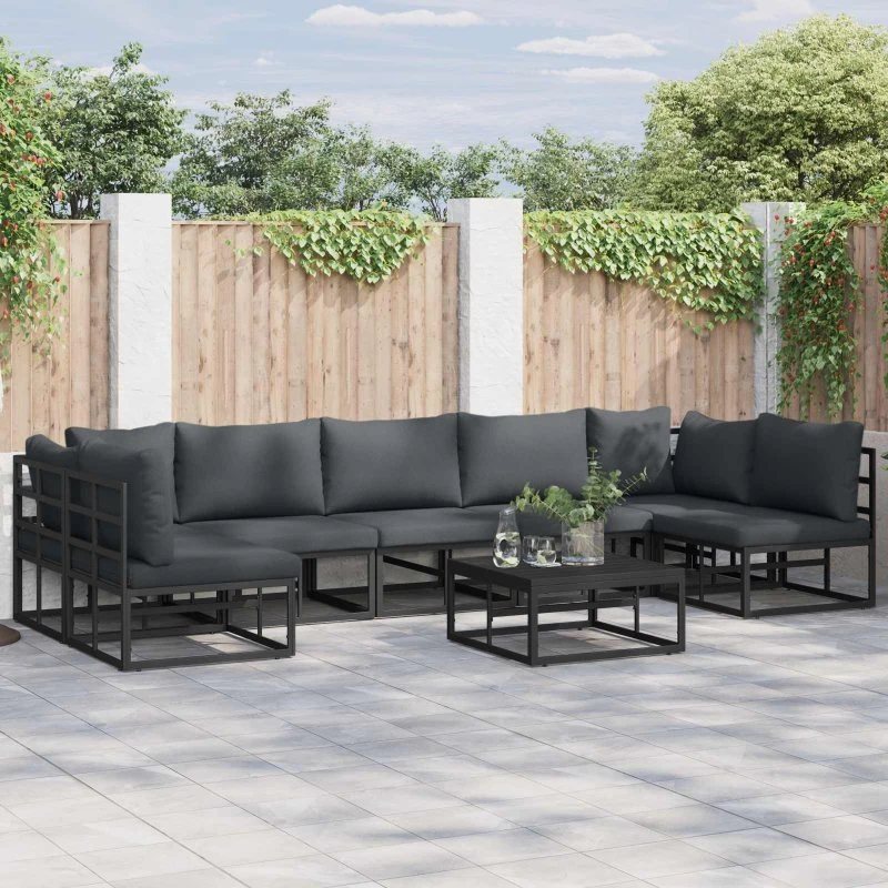 Havesofa sæt 8 dele sort aluminium med puder