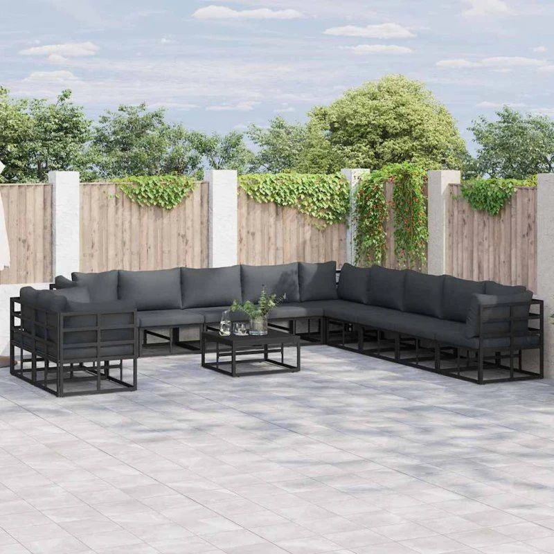 Havesofa sæt 12 dele med hynder - Sort aluminium