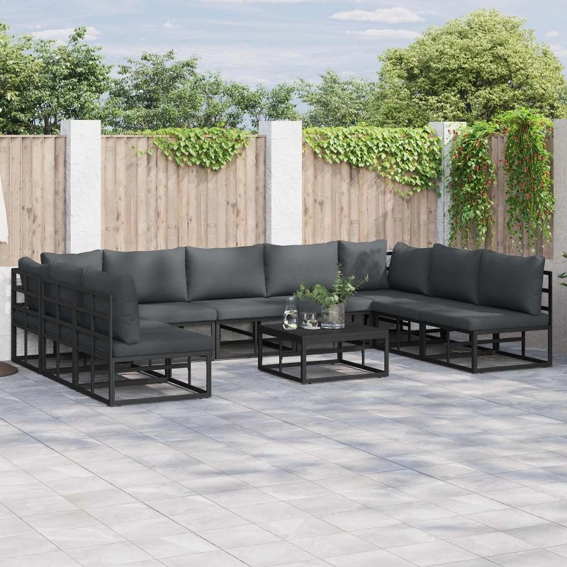 Havesofa sæt 9 dele – sort aluminium med hynder