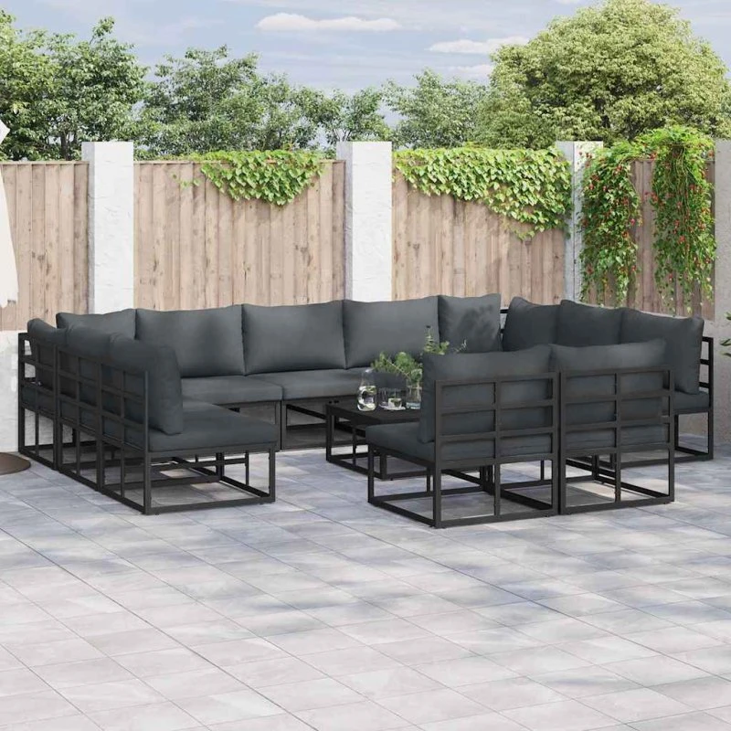 Havesofa sæt 12 dele – Sort aluminium med hynder