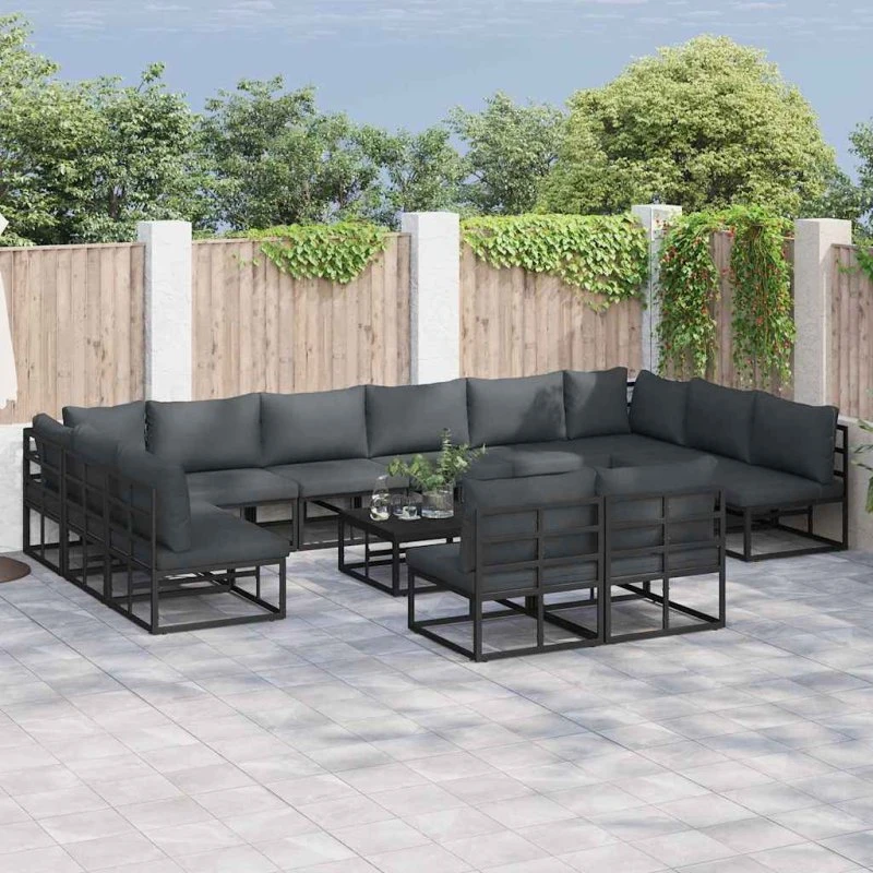 Havesofa Sæt 12 dele – Sort Aluminium med Puder