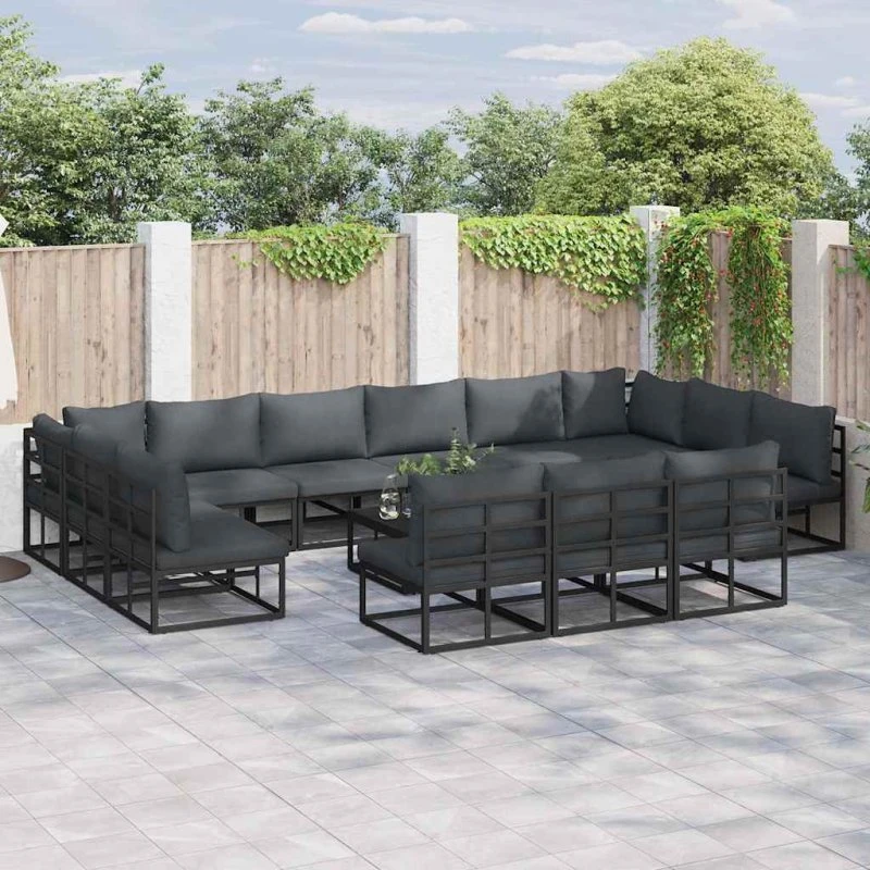 Havesofa sæt 14 dele – Sort aluminium med puder