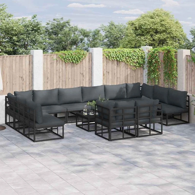 Havesofa sæt 12 dele sort aluminium med hynder