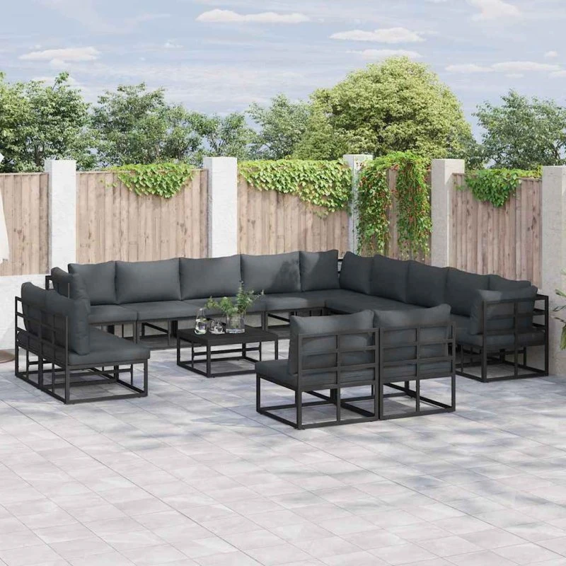 Havesofa sæt 14 dele - Sort aluminium med puder