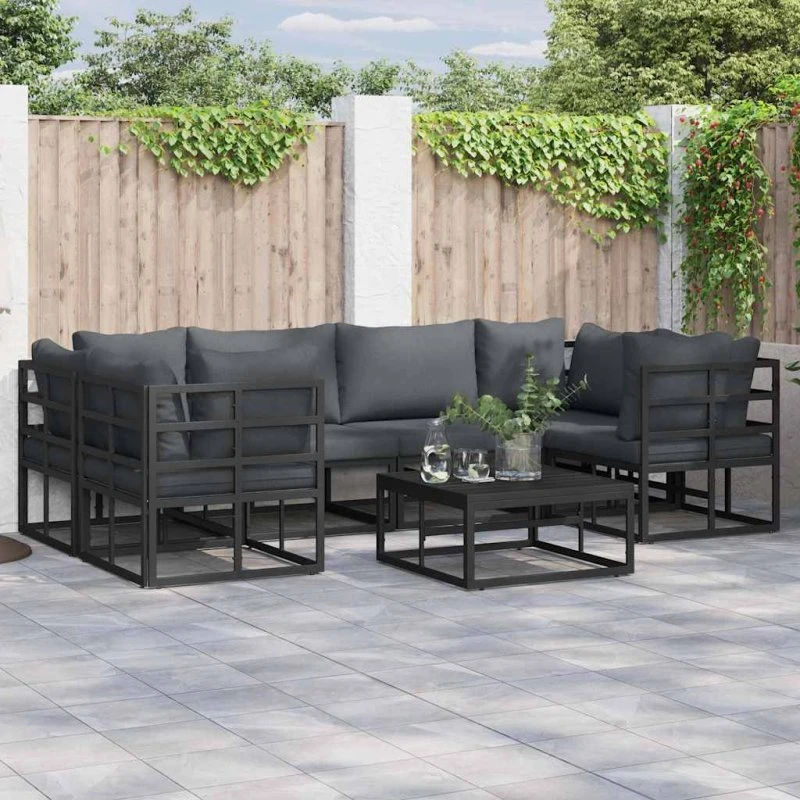 Havesofa sæt 6 dele – sort aluminium & hynder
