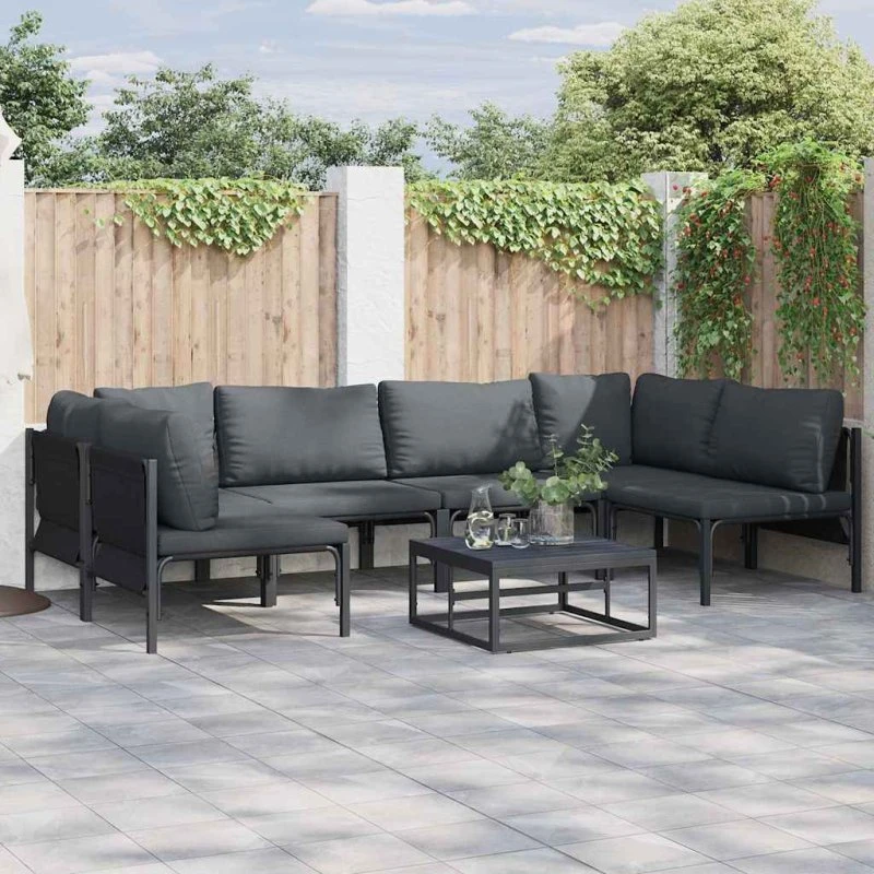 Havesofa sæt 6-pers i sort/antracit stål med puder