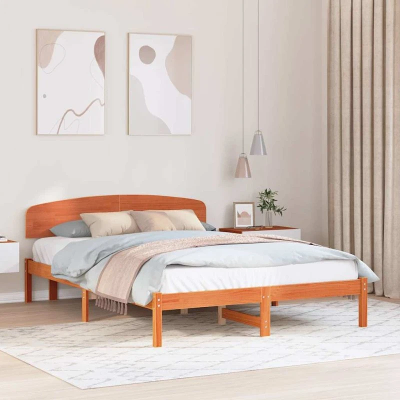 Sengestel 150x200 cm i massivt fyrretræ, brun med hovedgærde