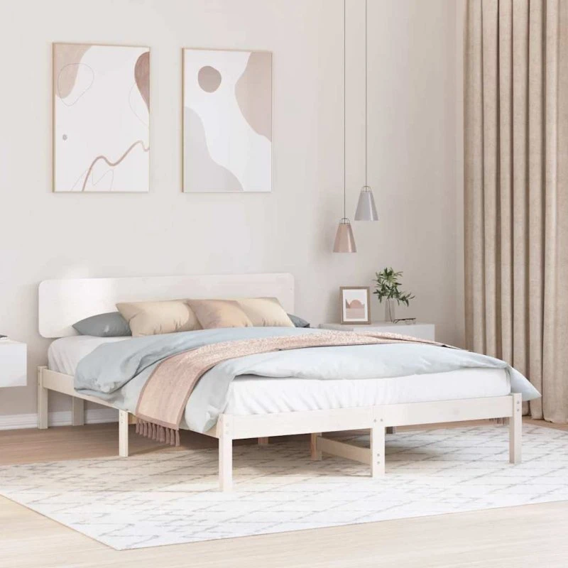 Sengestel i massivt fyrretræ med hovedgærde 160x200 cm - Hvid