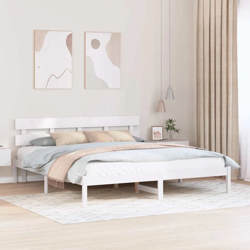 Sengestel 180x200 cm i massivt fyrretræ, hvidt hovedgærde