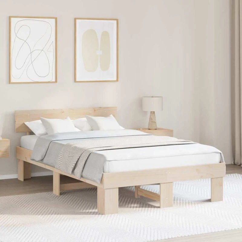 Sengestel i massivt fyrretræ 135x190 cm med hovedgærde