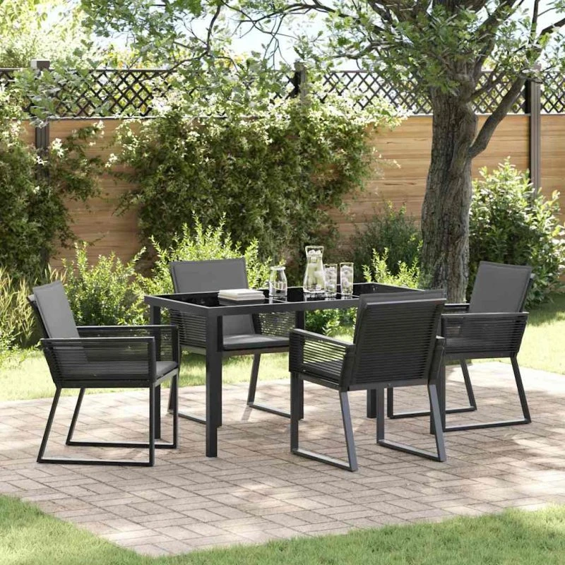 Have spisebordssæt 5 dele – Sort poly rattan & stål