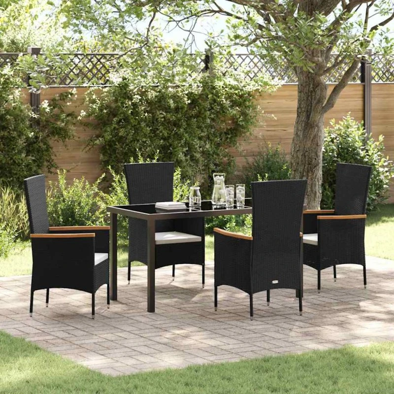 Have spisebordssæt 5 stk, sort poly rattan med puder