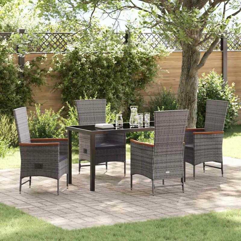 Gråt 5‑pcs have spisebordssæt i poly rattan med puder
