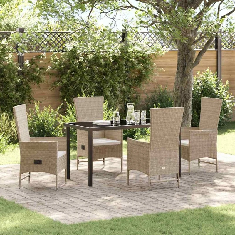 Beige polyrattan havespisebordssæt 5 pers. m. puder