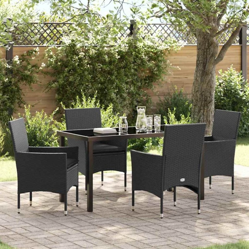Have spisebordssæt i sort polyrattan, 5 dele med puder