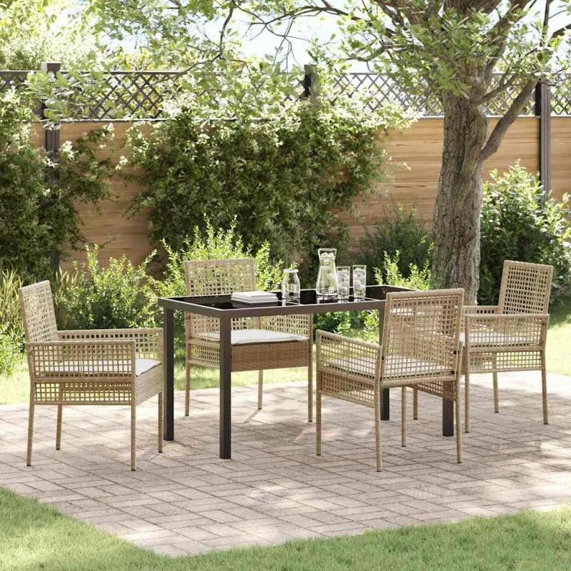 Have spisebordssæt 5 dele i beige polyrattan med puder