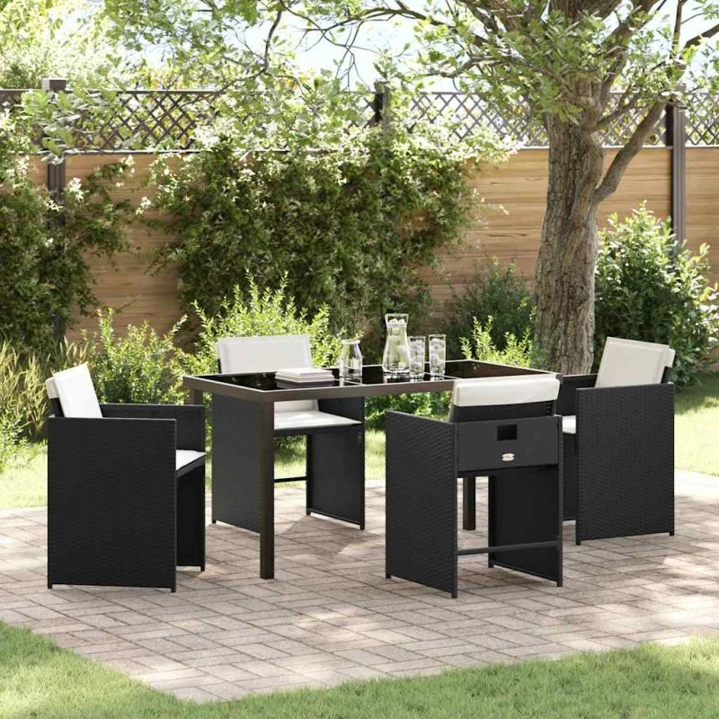 Have spisebordssæt 5 pcs i sort polyrattan med puder