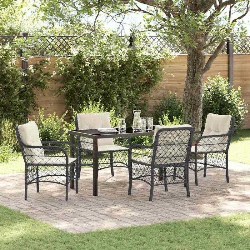 Have spisebordssæt 5 stk sort polyrattan med pude