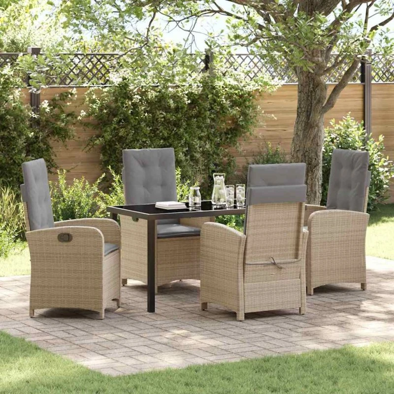 Have spisebordssæt 5 pers. beige polyrattan med puder