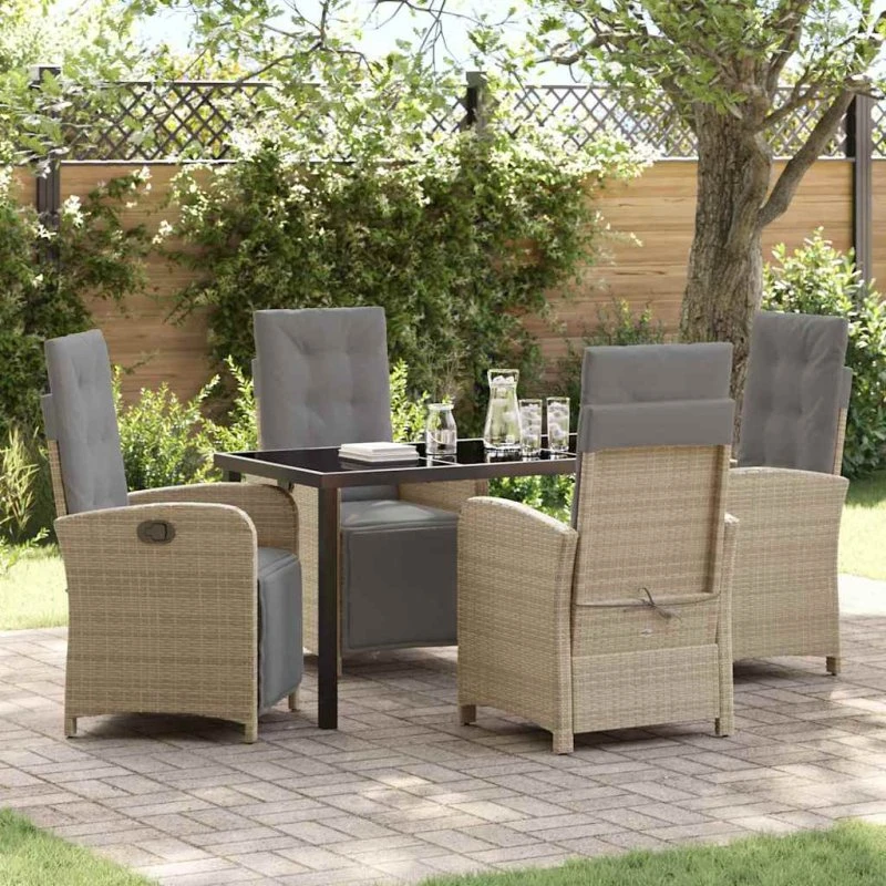 Beige polyrattan havespisesæt 5 dele med hynder