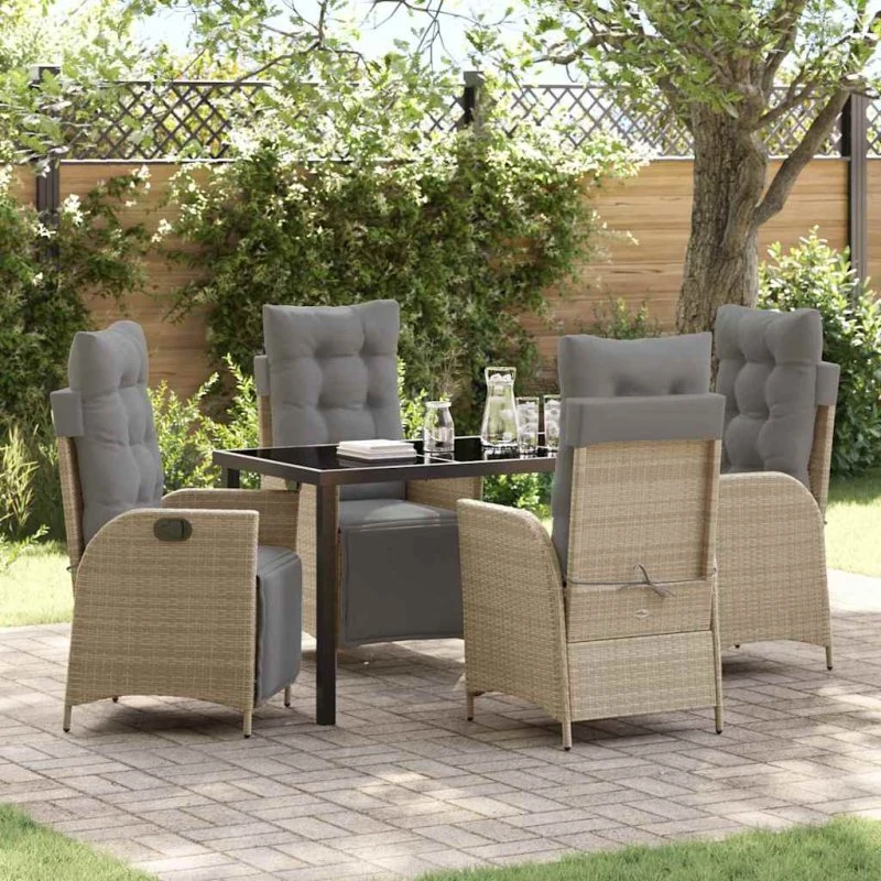 Beige polyrattan havespisebordssæt 5 dele med pude