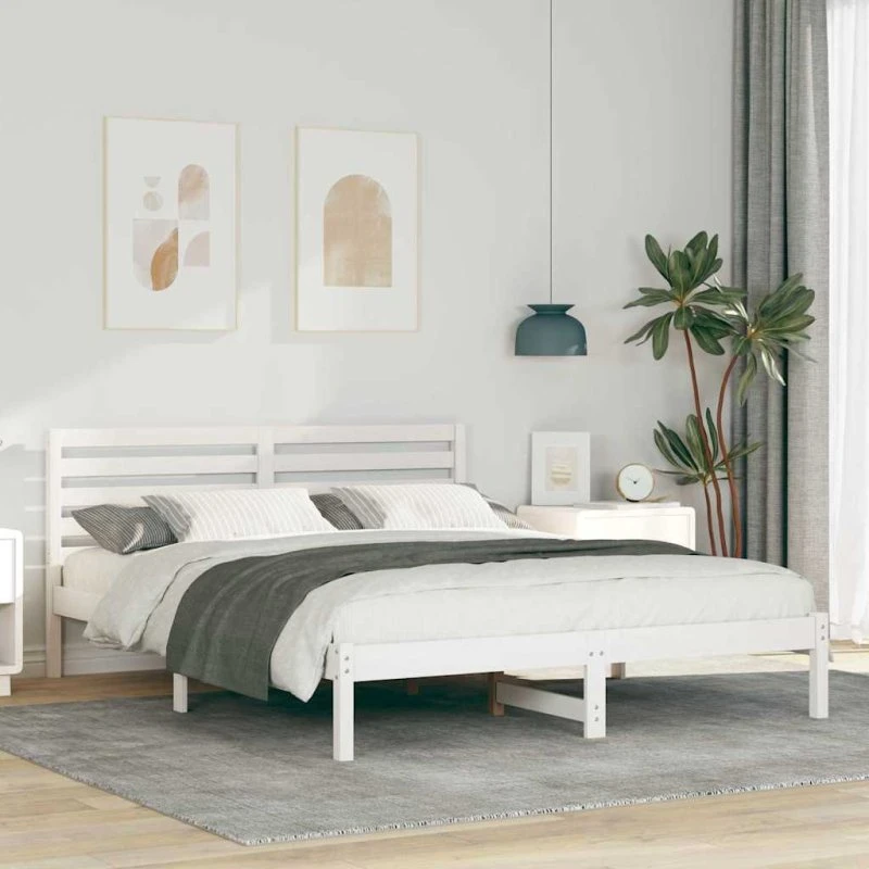 Sengestel i massivt fyrtræ 160x200 cm, hvidt hovedgærde
