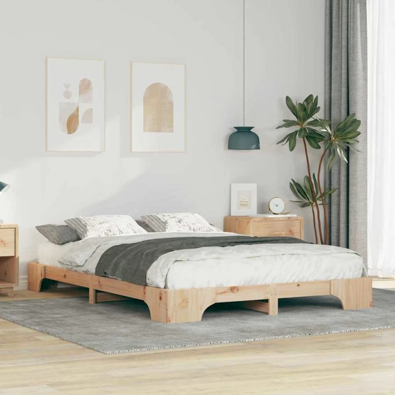 Brun gulvseng 140x210 cm i massivt fyrretræ med opbevaring
