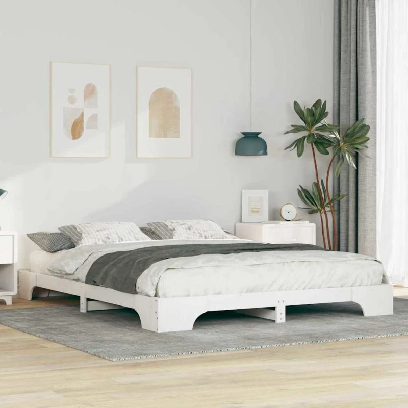 Hvid sengestel 160 x 210 cm i massivt fyrretræ med opbevaring