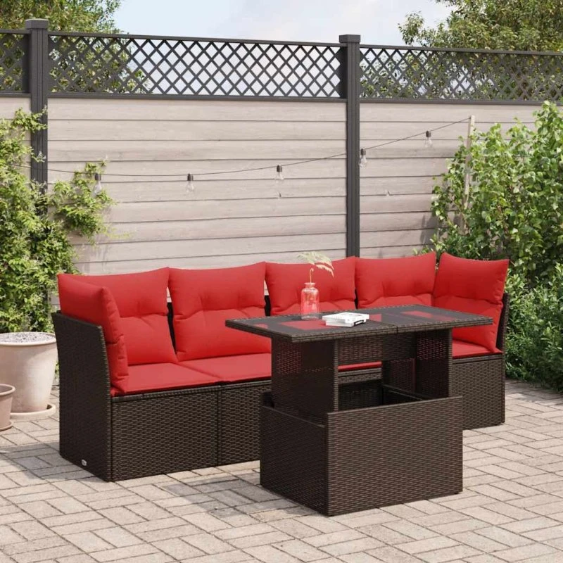 Havesofasæt 5 dele i polyrattan med hynder, brun akacie