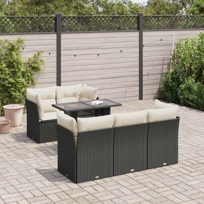 Sofasæt til haven 6 dele i polyrattan, sort med hynder
