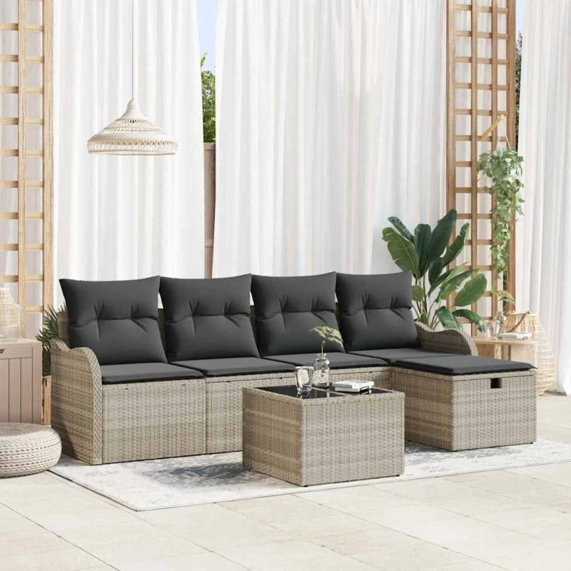 Modulær havesofa 6 dele i lysegrå polyrattan med opbevaring