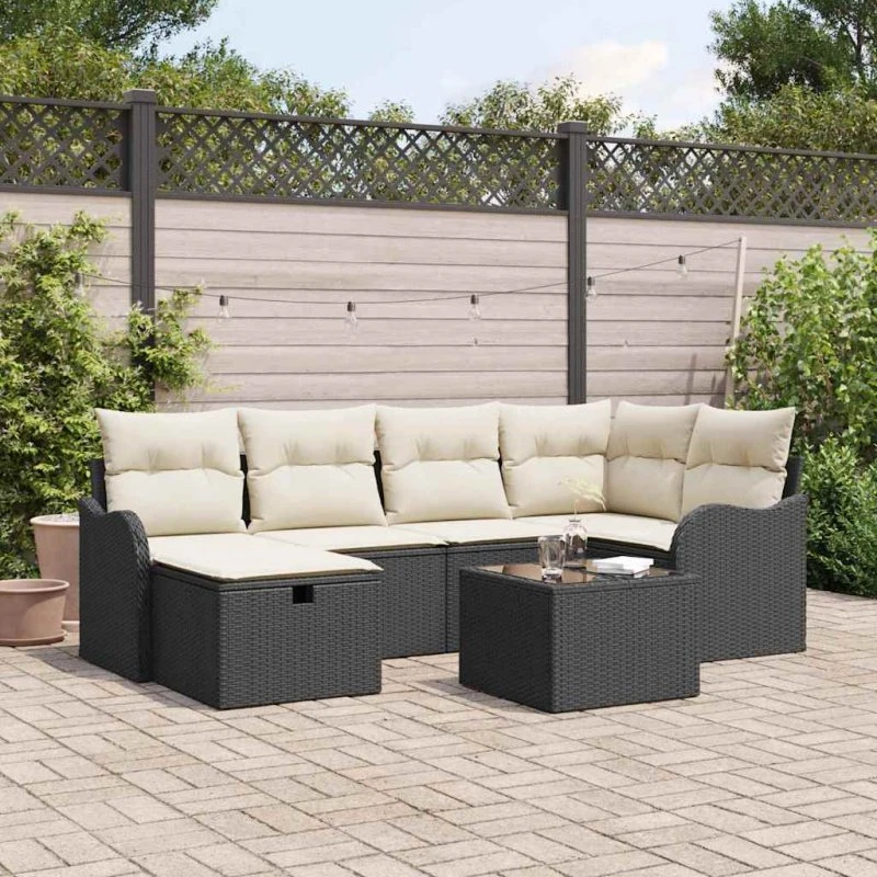 Havesofa sæt 7 dele i sort poly rattan med opbevaring