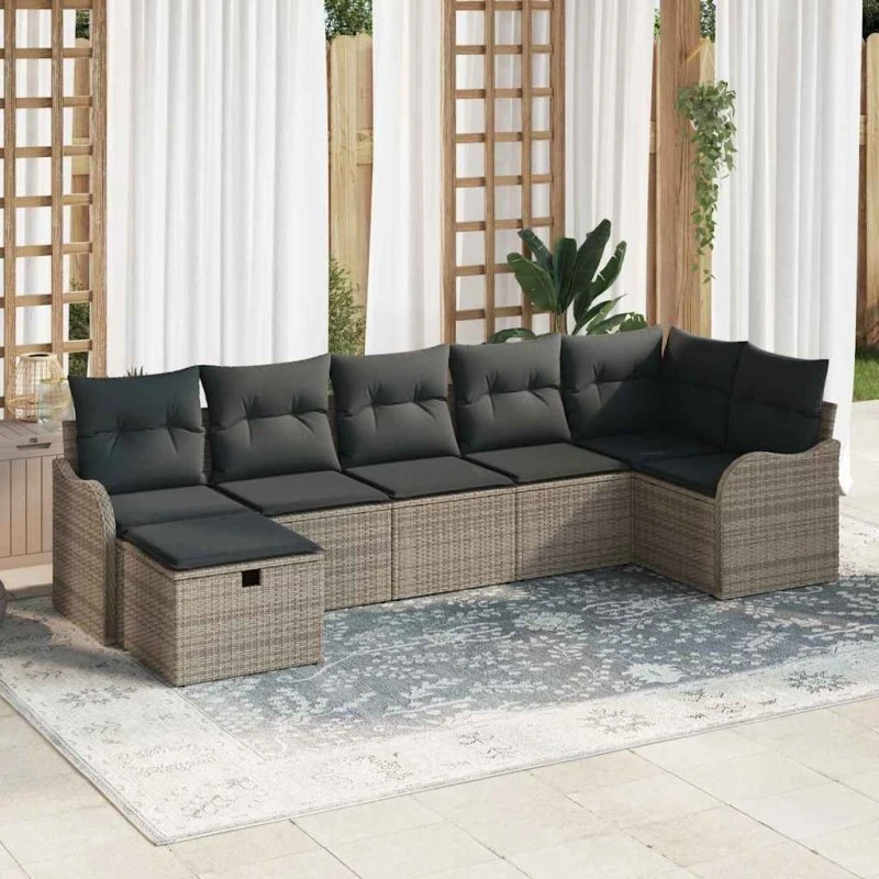 Havesofa sæt 7 dele i grå polyrattan med opbevaring