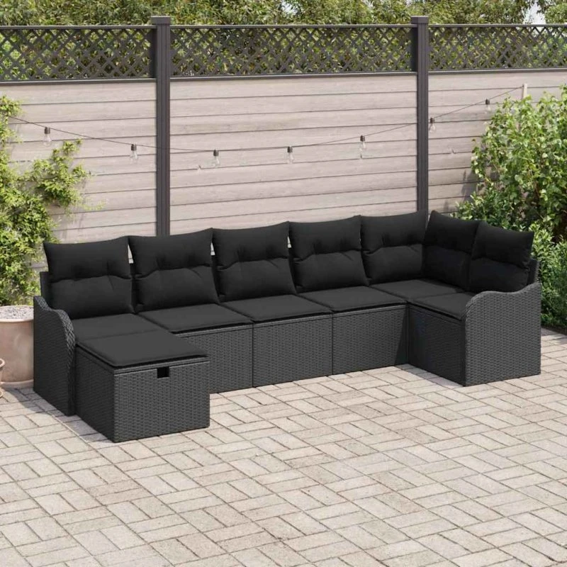 Havesofa sæt 7 dele sort poly rattan m. pude & opbevaring