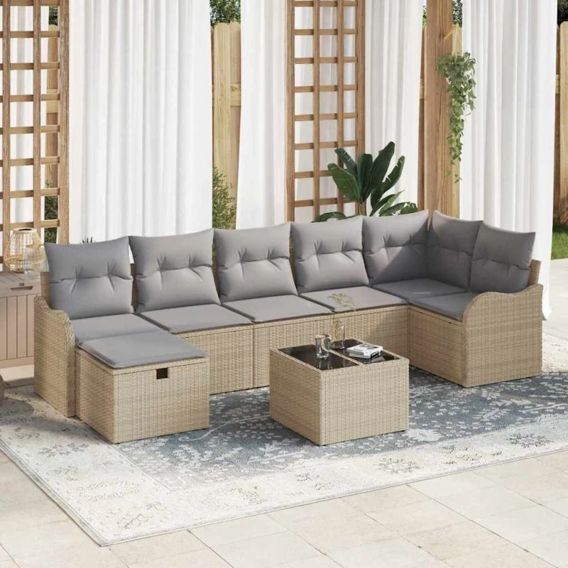 Havesofa sæt 8 dele beige poly rattan med opbevaring