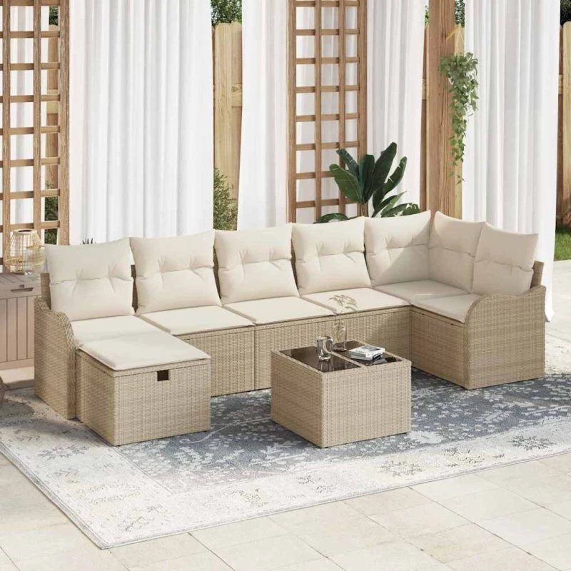 Havesofa modulær 8 dele beige poly rattan m. opbevaring