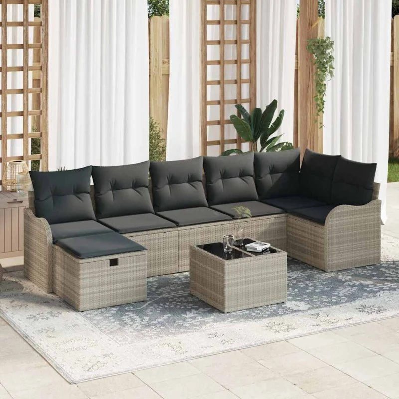Havesofa sæt 8 dele med opbevaring - Lysegrå poly rattan