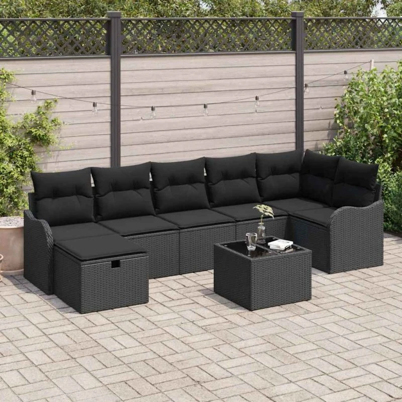 Havesofa sæt 8 dele sort poly rattan med puder & opbevaring
