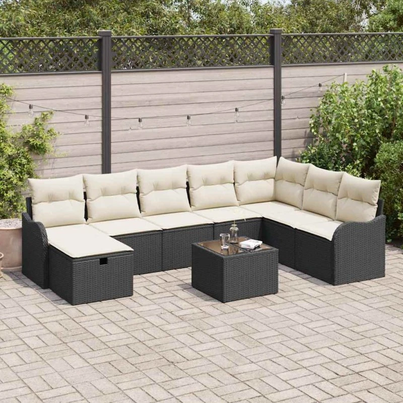 9-delers havesofa sæt i sort polyrattan med opbevaring