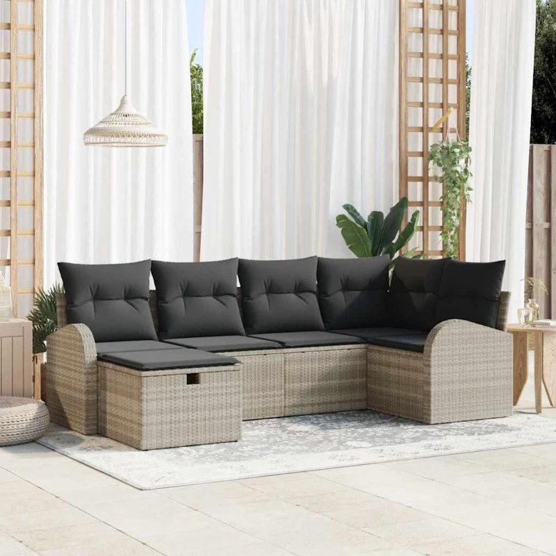Modulært 6‑pcs havesofa sæt i lysegrå poly rattan
