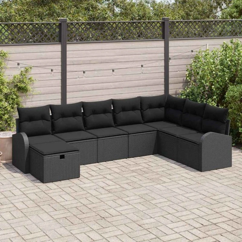 Havesofa sæt 8-personers sort poly rattan med opbevaring