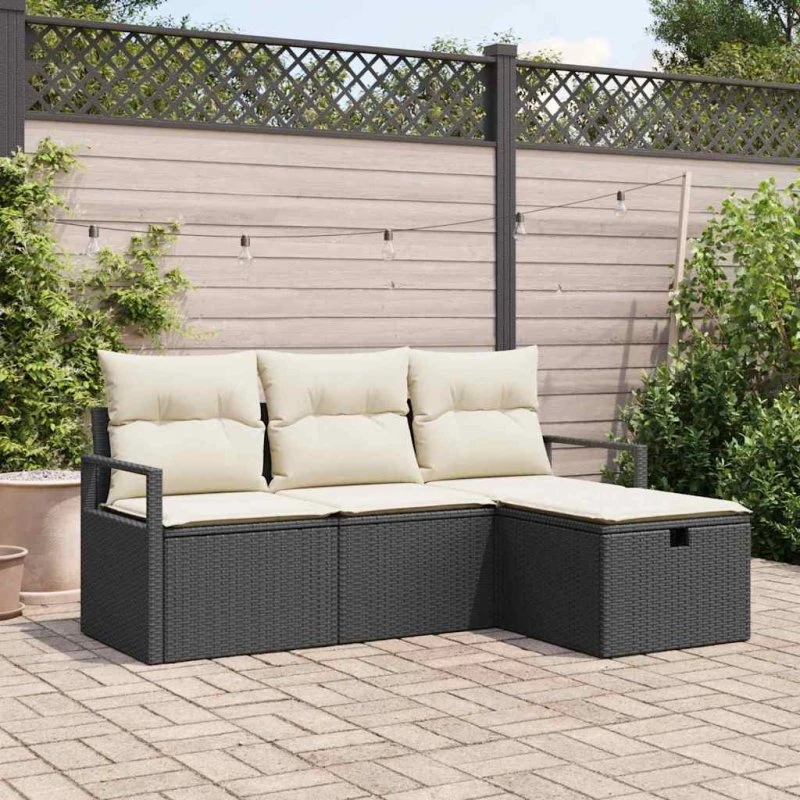 Modul Havesofa 4-dele Sort m. Puder & Opbevaring
