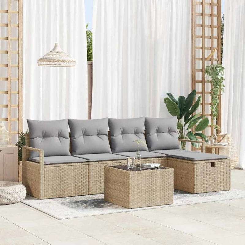 Havesofa sæt 6 dele beige i poly rattan med opbevaring
