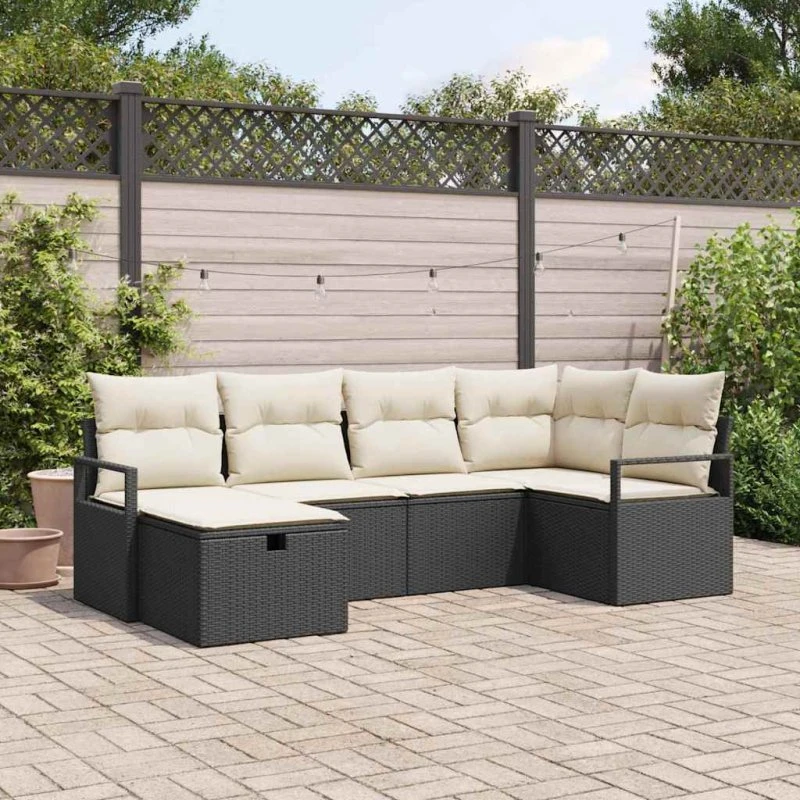 Modulært havesofa sæt 6 dele i sort polyrattan med opbevaring